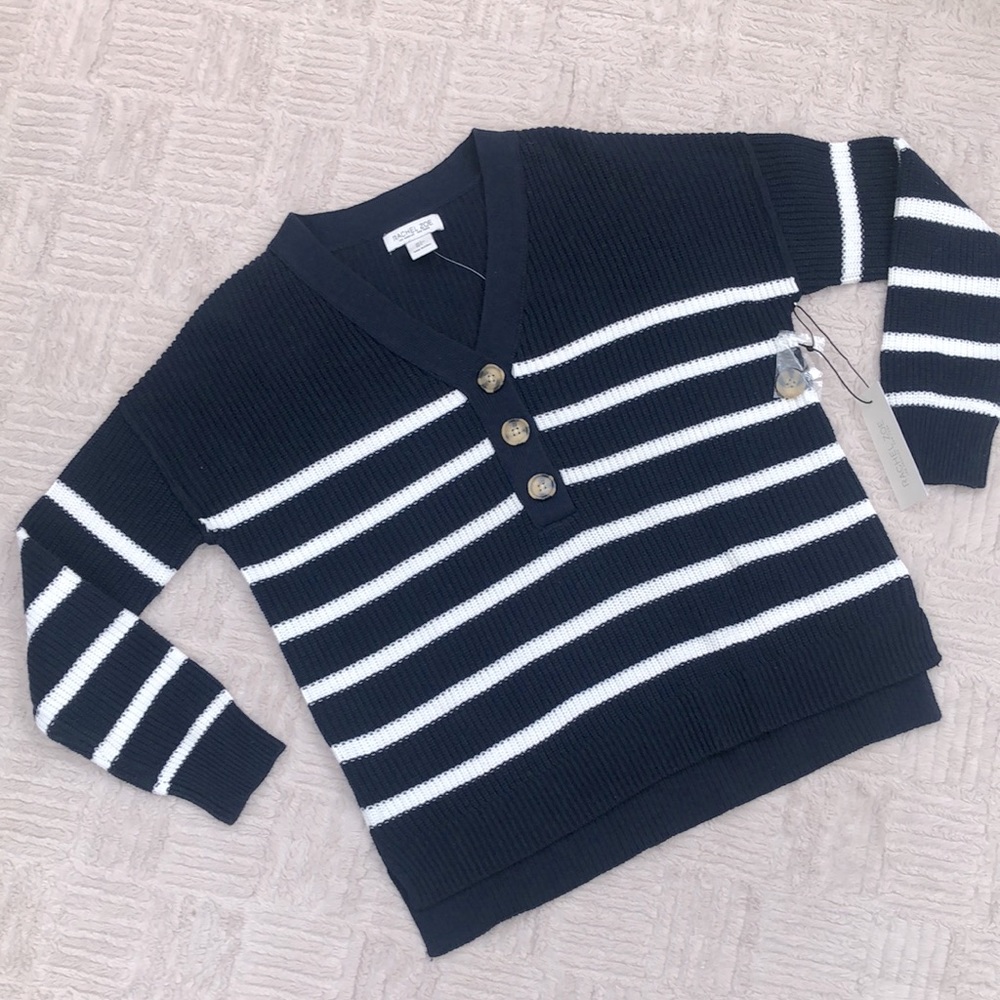 NEW Rachel Zoe Navy White Striped Knit Pullover Sweater